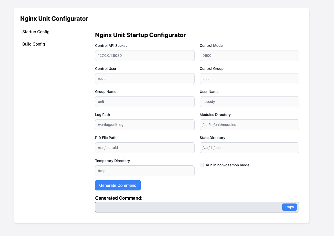 Nginx Unit Configurator screenshot